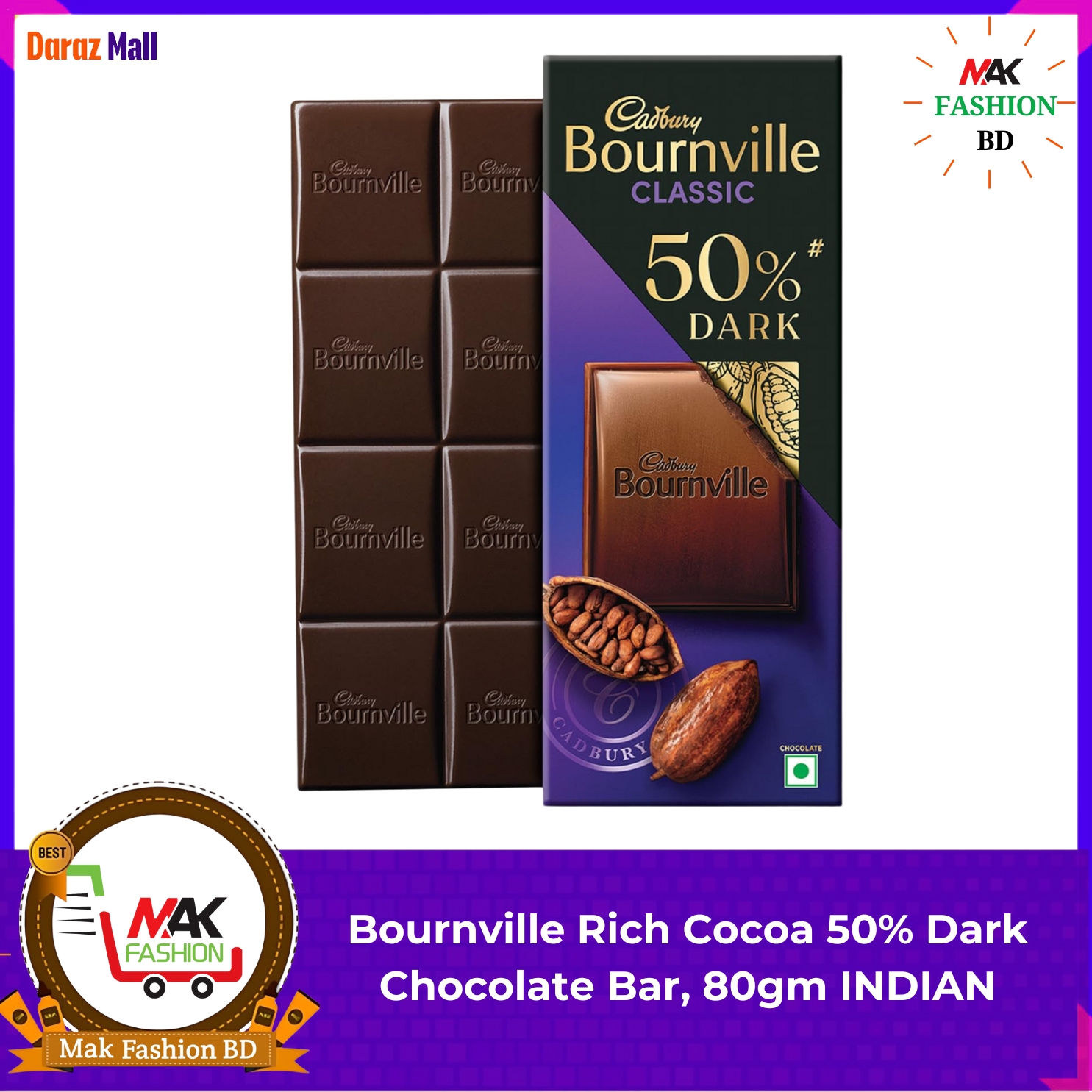 Cadbury Bournville Rich Cocoa 50% Dark Chocolate Bar 80gm INDIAN  273980574