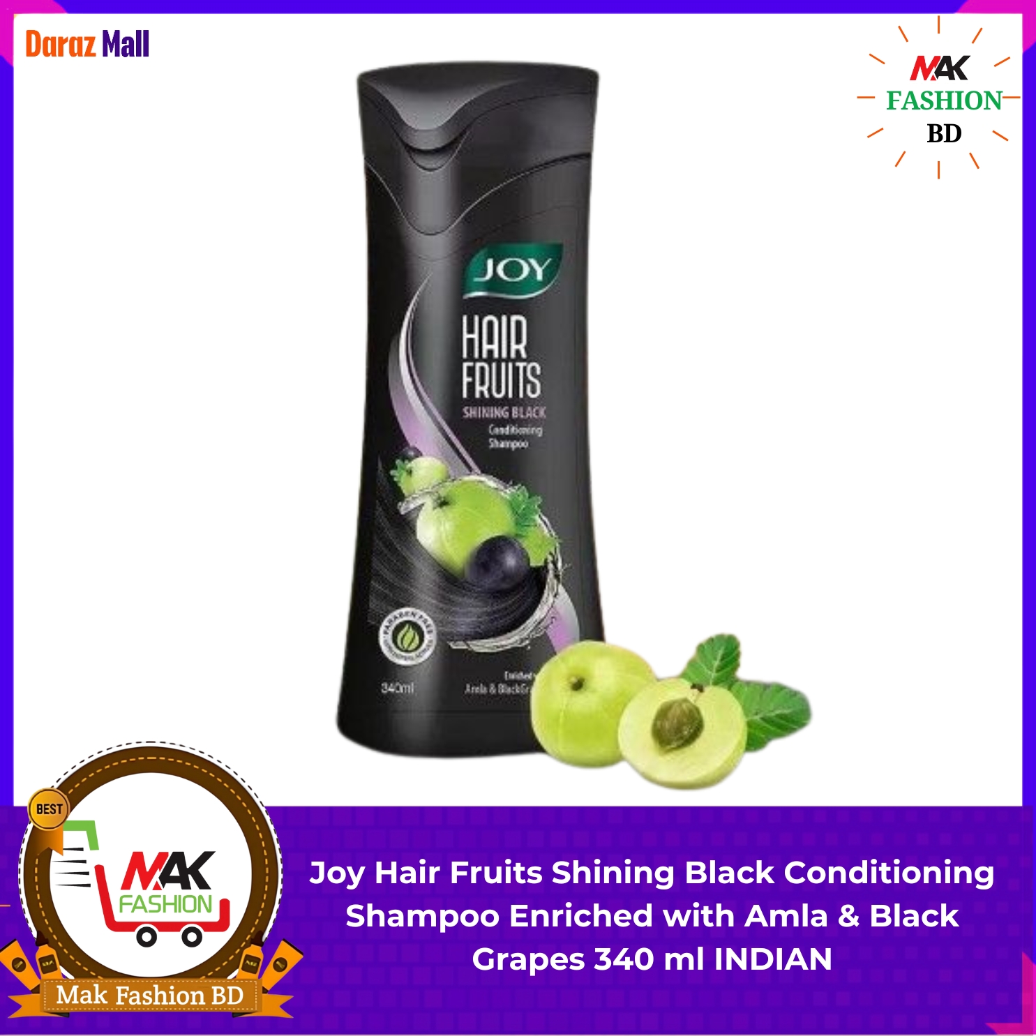Joy Hair Fruits Shining Black Conditioning Shampoo Enriched with Amla & Black Grapes 340ml INDIAN 276633572