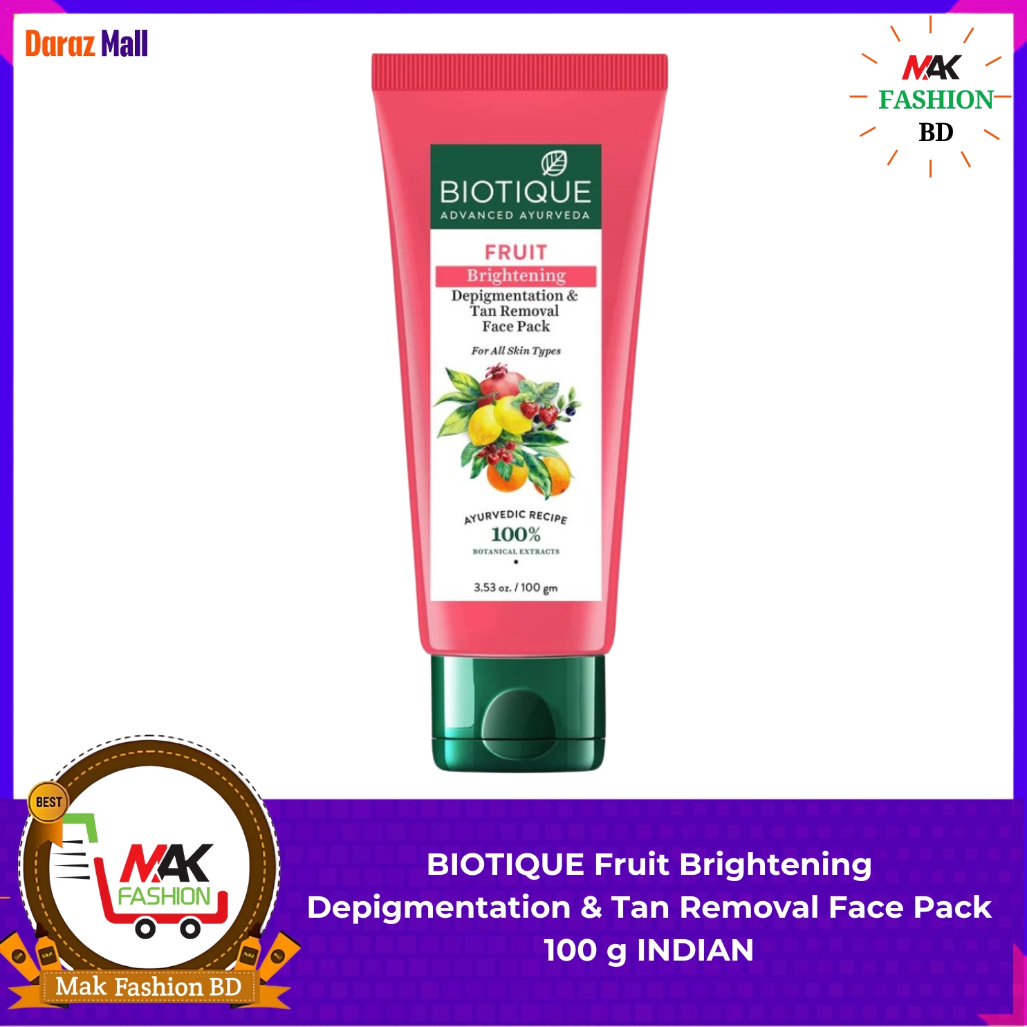 Biotique Advanced Ayurveda Fruit Brightening Depigmentation & Tan Removal Face Pack For All Skin Types 100g INDIAN 526954512