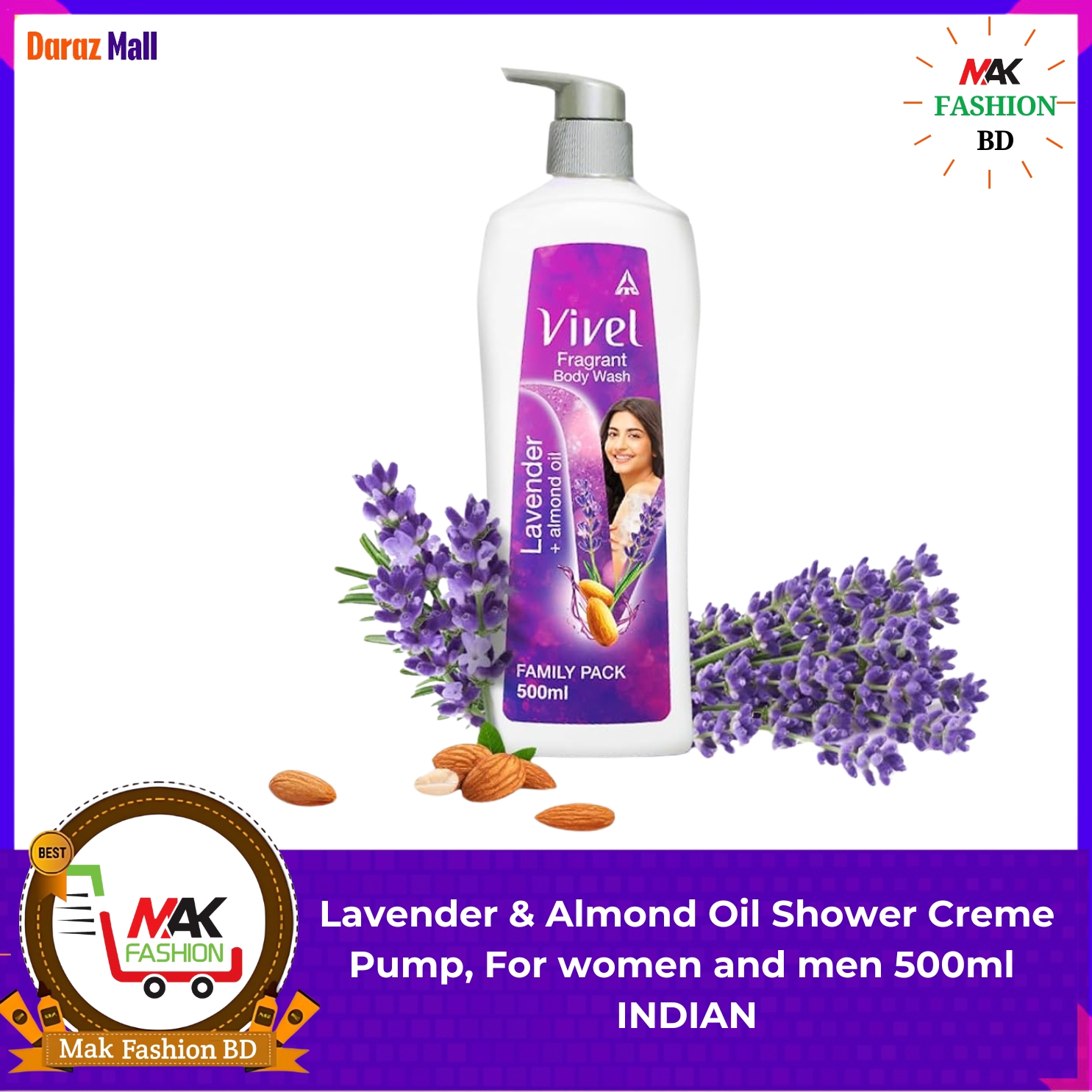 Vivel Body Wash Lavender & Almond Oil Shower Creme Pump For women and men 500ml INDIAN  278009428