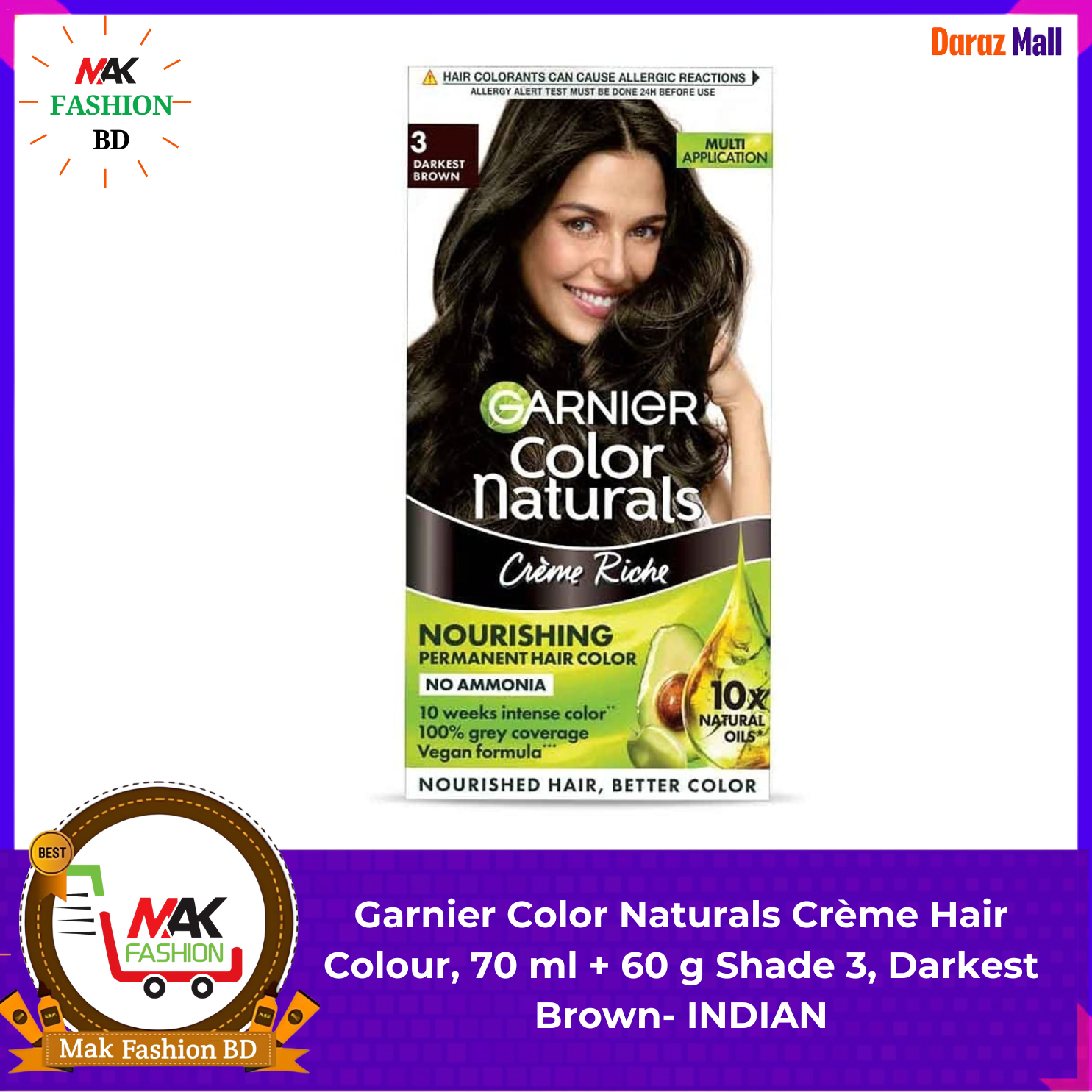 Garnier Color Naturals Creme Hair Colour 70ml + 60g Shade 3 Darkest Brown INDIAN 321455030