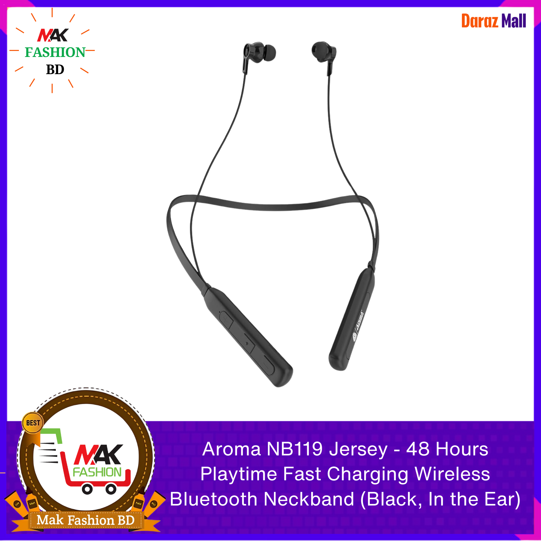 Aroma NB119 Jersey - 48 Hours Playtime Fast Charging Wireless Bluetooth Neckband (Black, In the Ear) -325477517