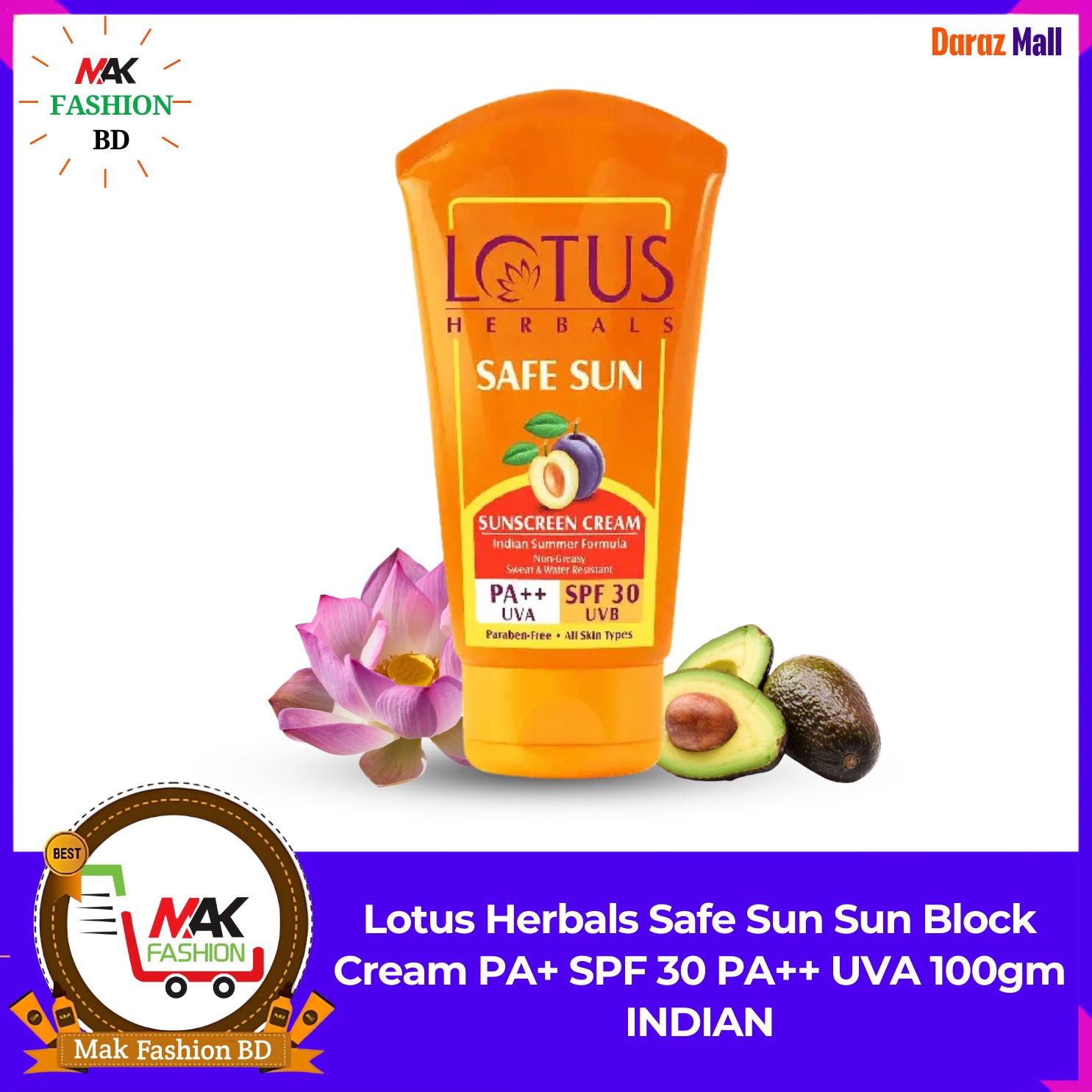 Lotus Herbals Safe Sun Sun Block Cream PA+ SPF 30 PA++ UVA 100gm INDIAN 332687404