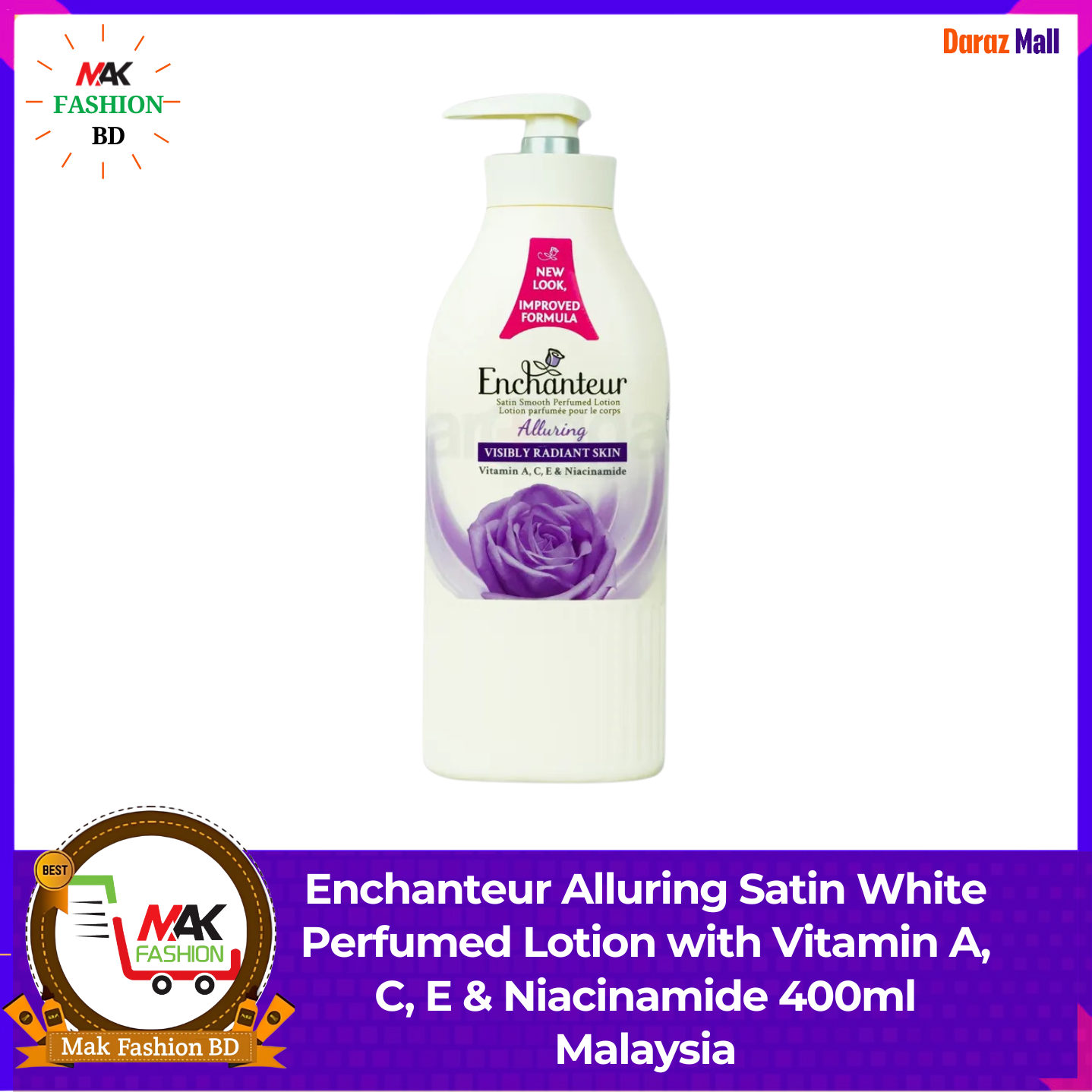 Enchanteur Alluring Satin White Perfumed Lotion with Vitamin A, C, E & Niacinamide 400ml Malaysia 505413032