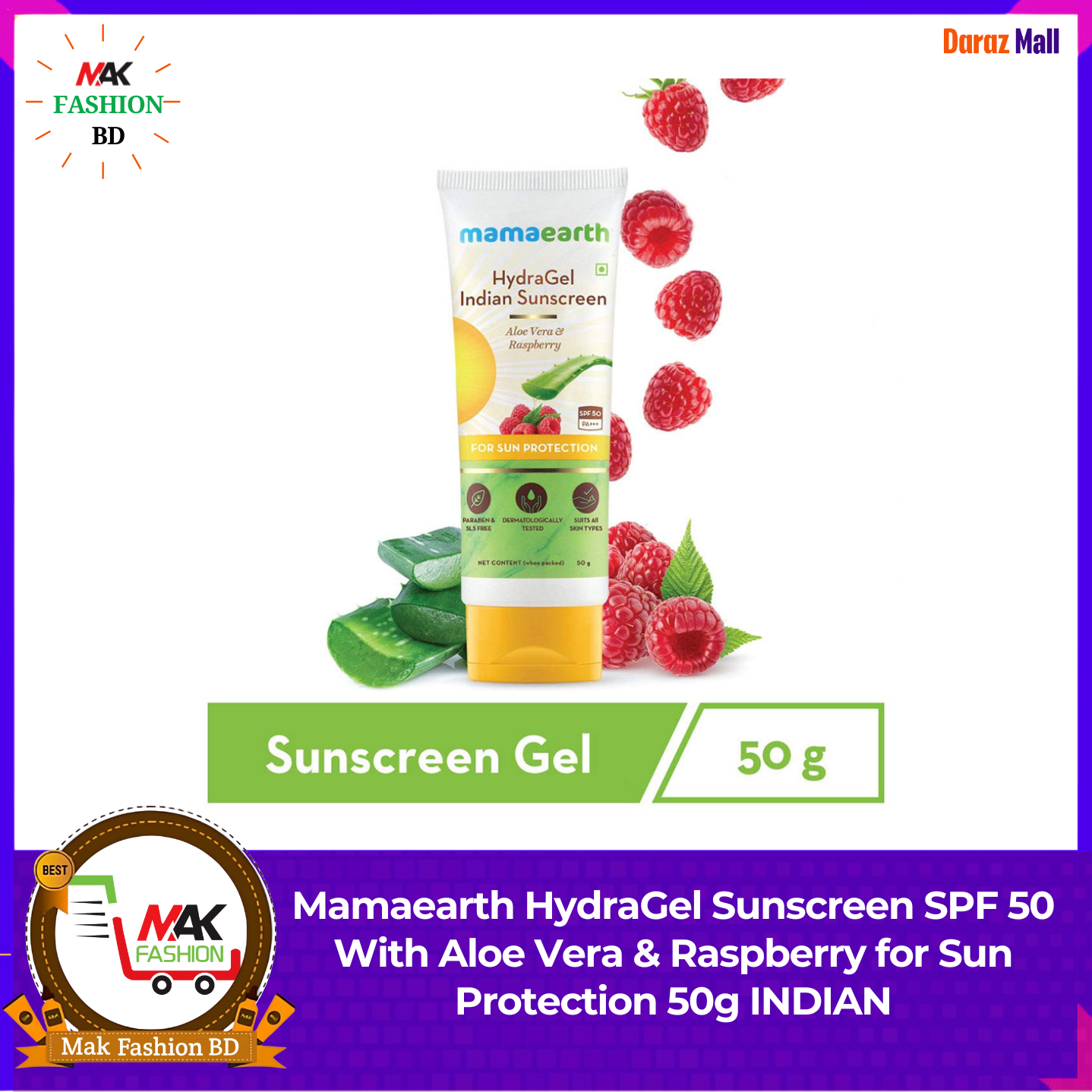 Mamaearth HydraGel Sunscreen SPF 50 With Aloe Vera & Raspberry for Sun Protection 50g INDIAN  424307549