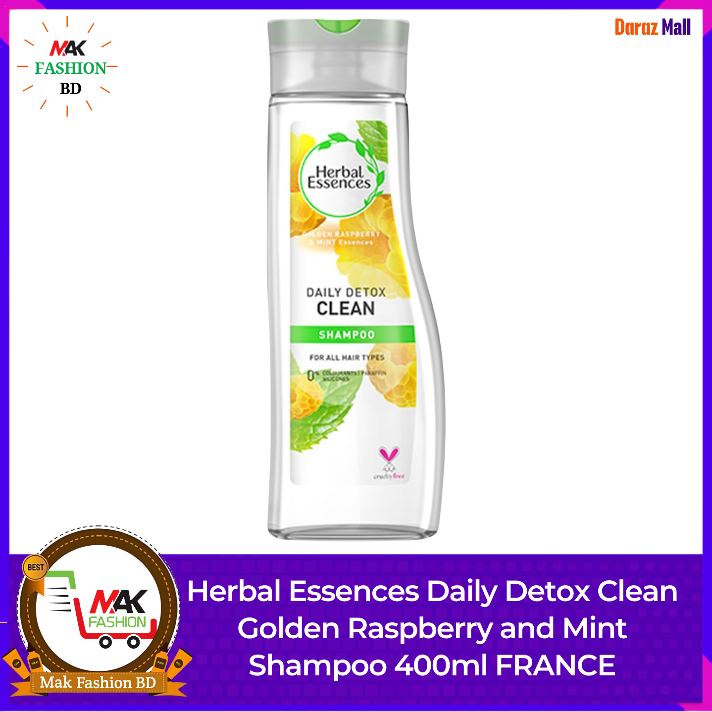 Herbal Essences Daily Detox Clean Golden Raspberry and Mint Shampoo 400ml FRANCE 260715099