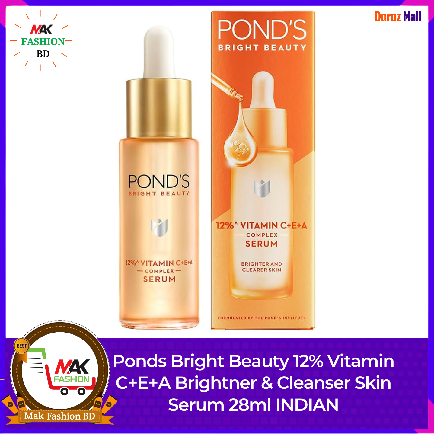 Ponds Bright Beauty 12% Vitamin C+E+A Brightner & Cleanser Skin Serum 28ml INDIAN 526796747