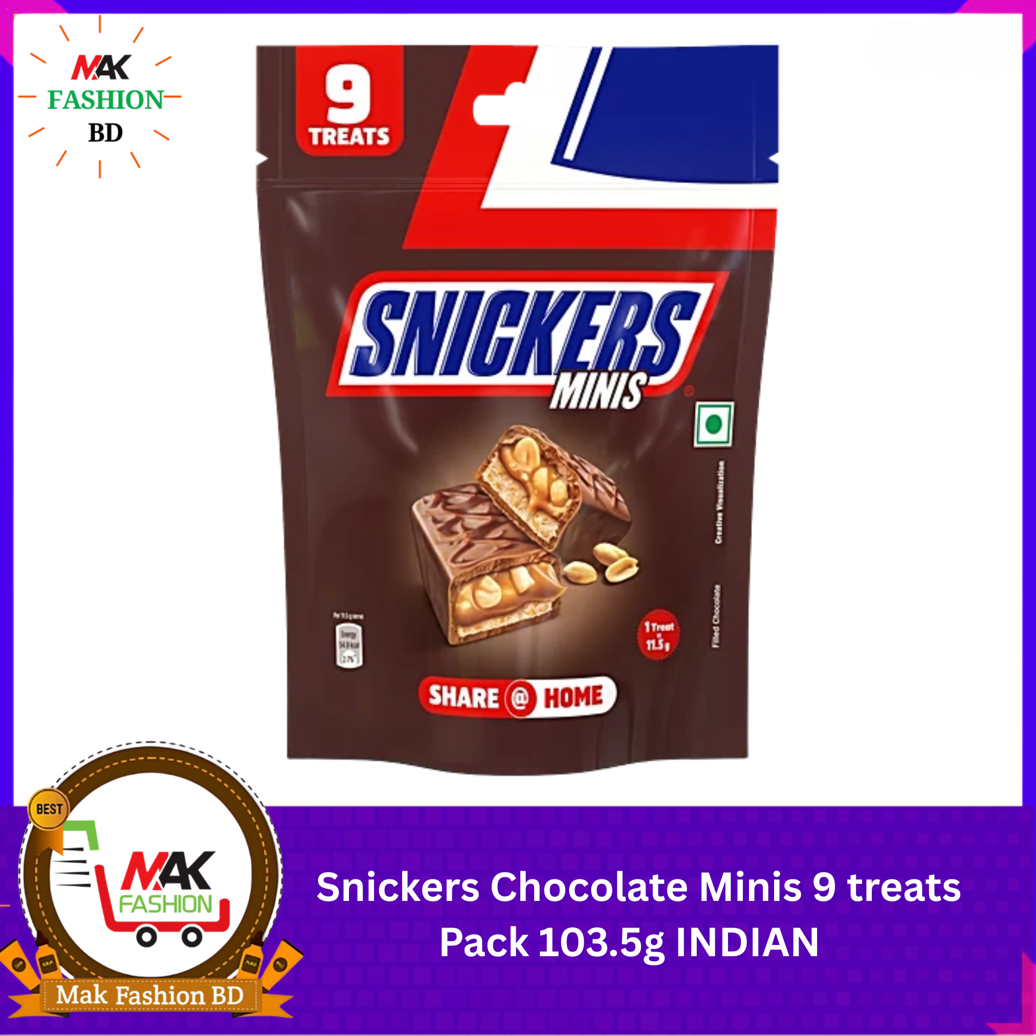 Snickers Chocolate Minis 9 treats Pack 103.5g INDIAN 314535443